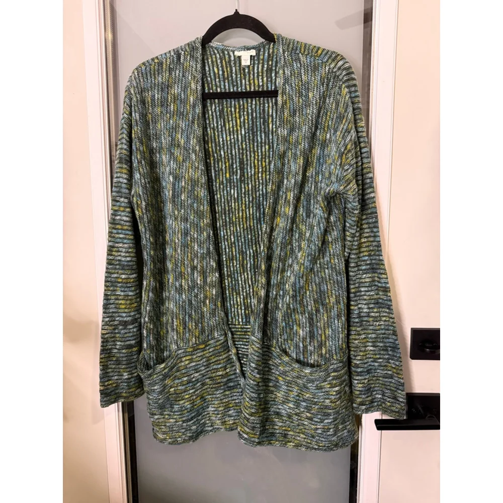 J.Jill Textured Open-Front Cardigan – Multi Green/Blue/Yellow – Size M - Picture 2 of 7